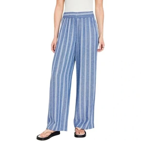 Old Navy NWT Blue White Striped High-Waisted Linen-Blend Wide-Leg Pants - Picture 2 of 10